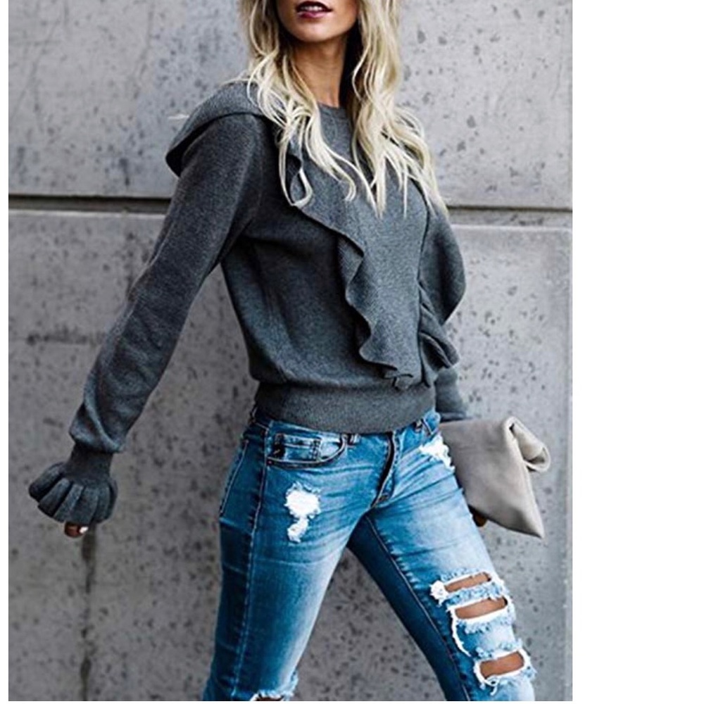 Ruffle Front Puff Sleeve Sweater Shirt